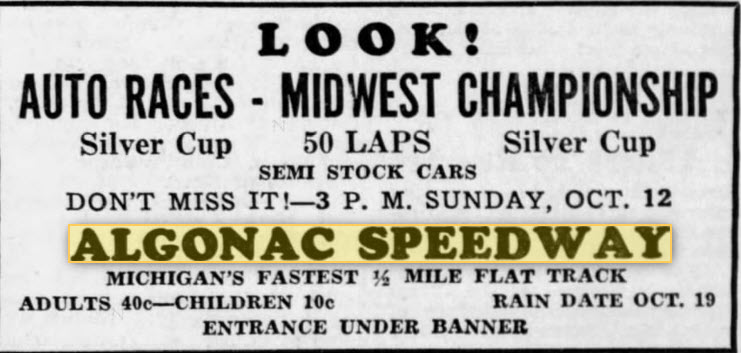 Algonac Speedway - Oct 10 1941 Ad (newer photo)
